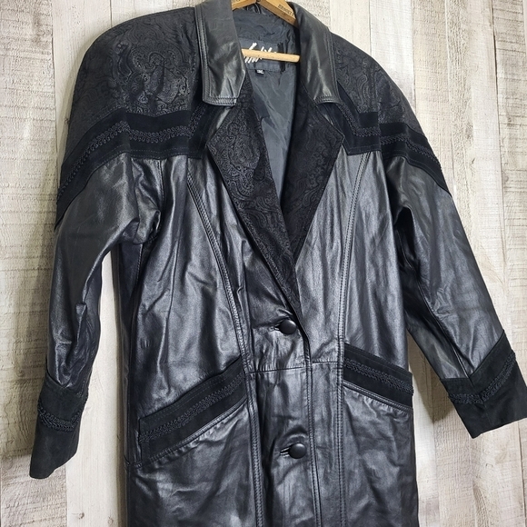Winlet Long Leather Jacket. Black Paisley Size Small. - Picture 3 of 16